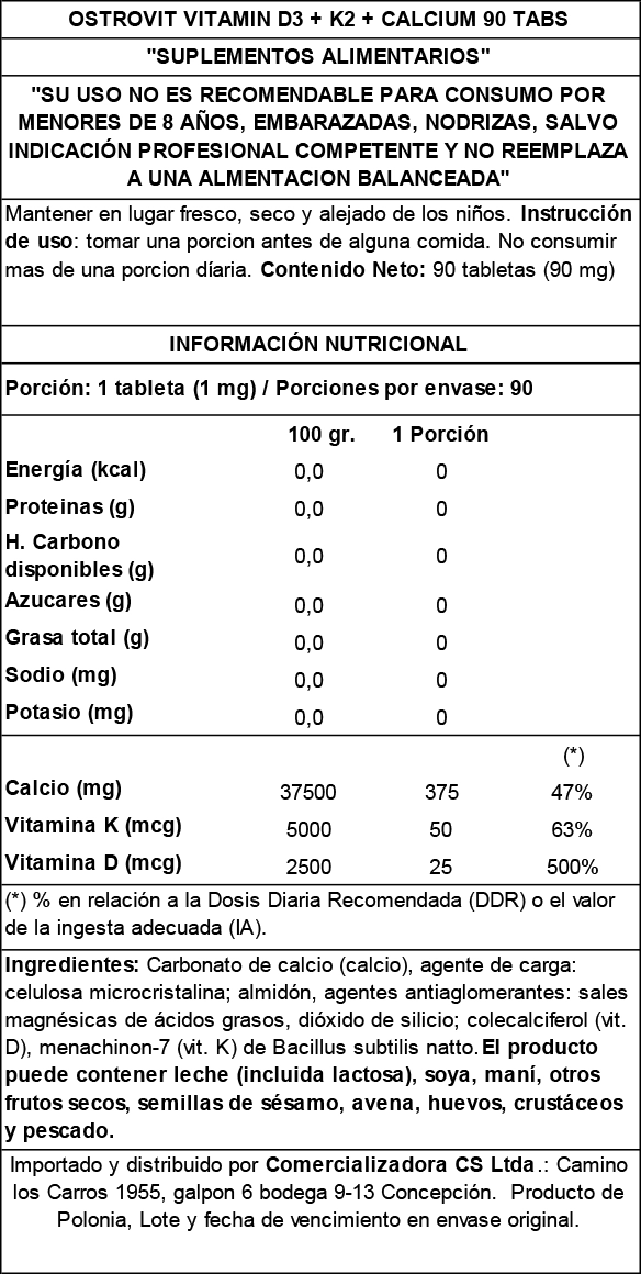 OSTROVIT - CALCIO Vitamina D3+K2 - 90 tabs / 90 servicios