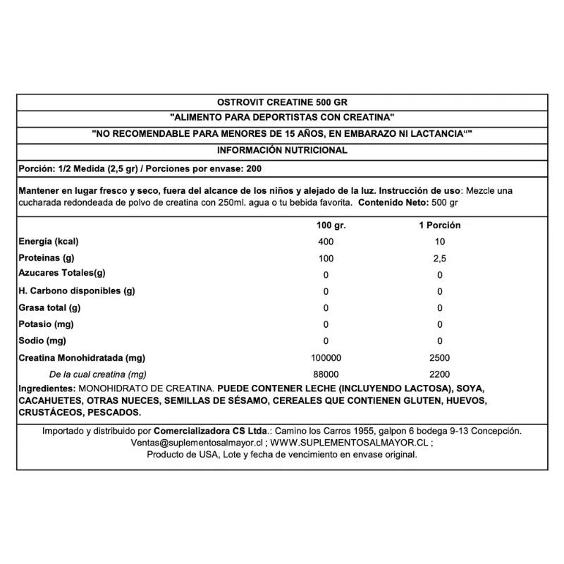 OSTROVIT - CREATINA Monohydrate – 500 grs / 200 servicios, unflavored