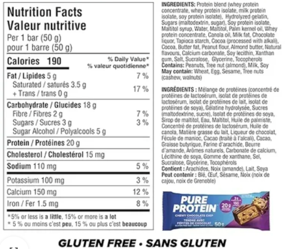 Barras de Proteína PURE PROTEIN 20 grs GLUTEN FREE  – 6 unidades / 50 grs