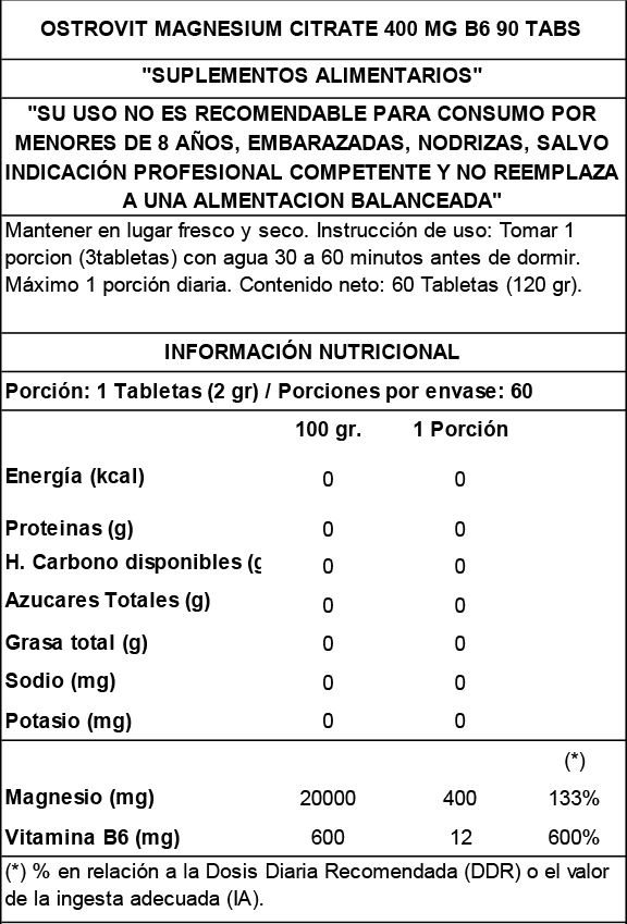 OSTROVIT - MAGNESIUM Citrate 400 mg + B6 - 90 tabs / 30 servicios