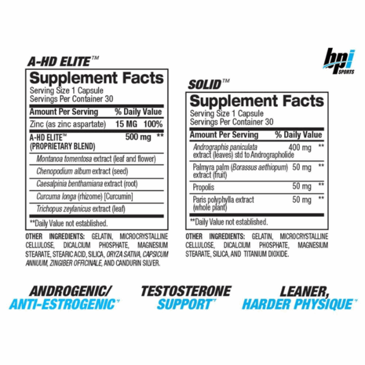 BPI - A-HD ELITE / SOLID Anabolic & Androgenic Support Stack USA - 60 caps / 30 servicios