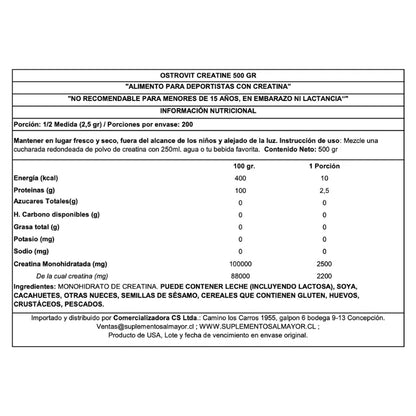 OSTROVIT - CREATINA Monohydrate – 500 grs / 200 servicios, unflavored