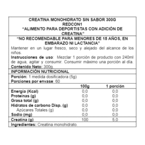 REDCON1 - Creatina MONOHYDRATE Training Series - 300 grs / 60 servicios unflavored