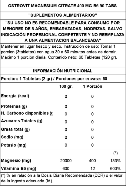 OSTROVIT - MAGNESIUM Citrate 400 mg + B6 - 90 tabs / 30 servicios