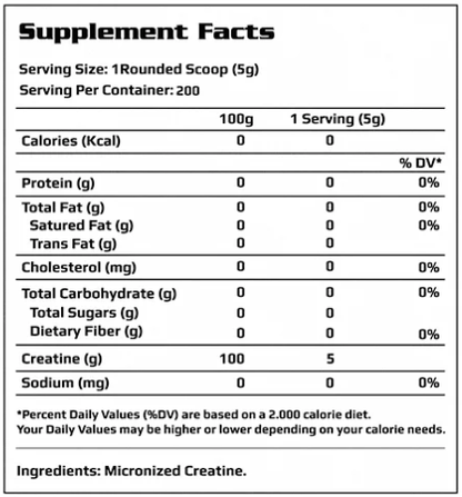HEXACORE - 100% PURE CREATINE Micronized  1 kG / 200 servicios